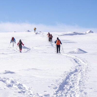 Group of hikers trekking through snow-covered landscape in Norway with clear blue skies.